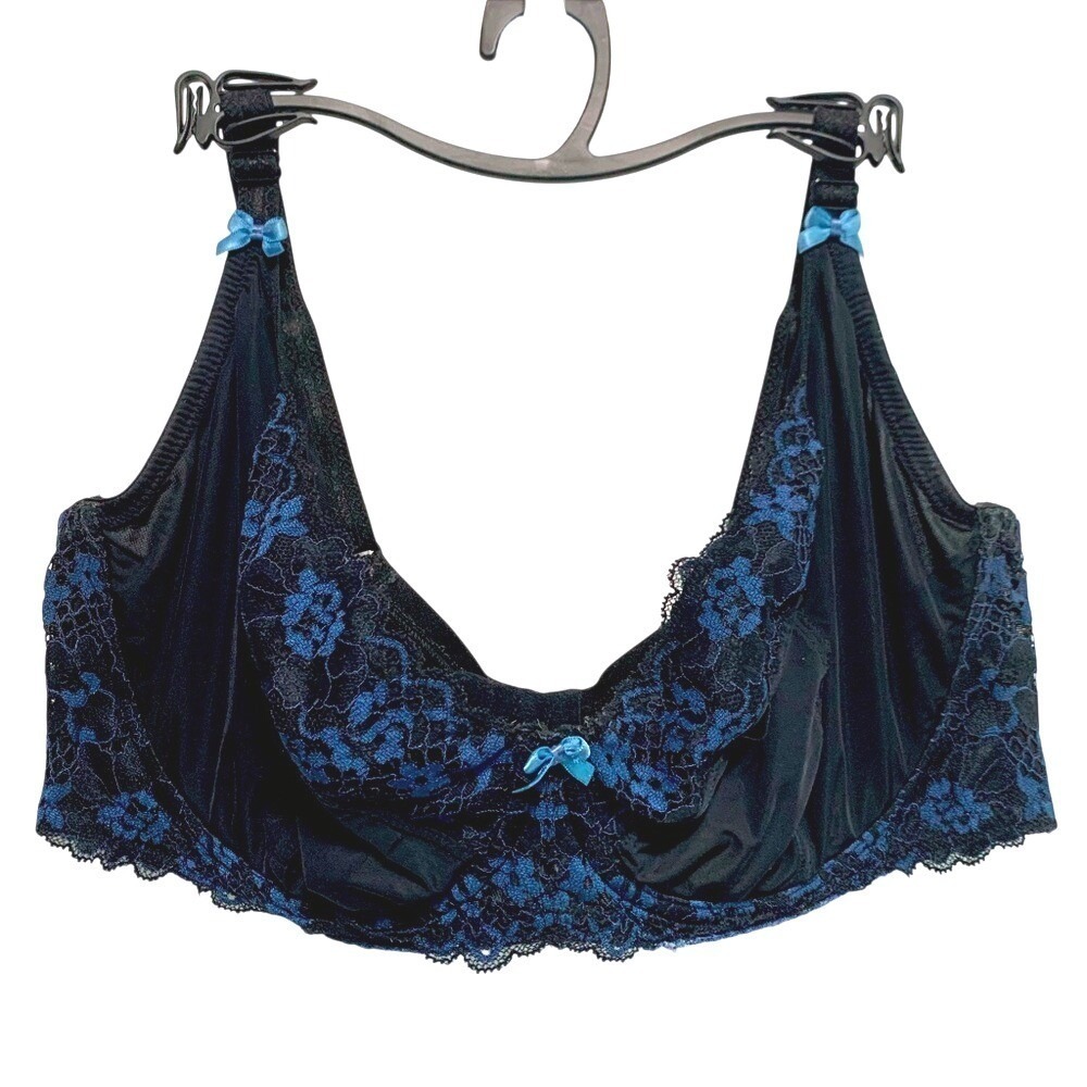 Adore Me Women's Bra 40DD Black/ Blue Underwire Sheer Lace Adjustable Straps